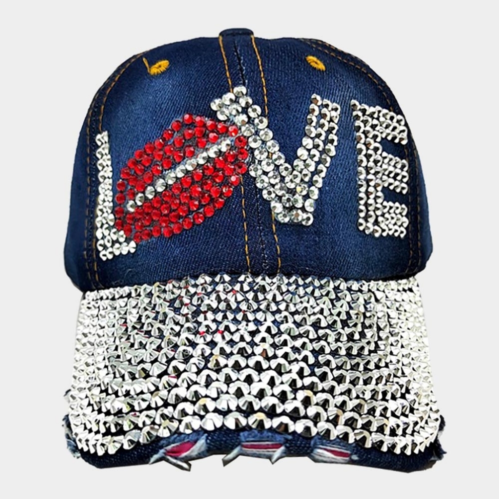 Blue Denim LOVE Silver Rhinestone Lips Mouth Crystal Brim Baseball Cap Hat